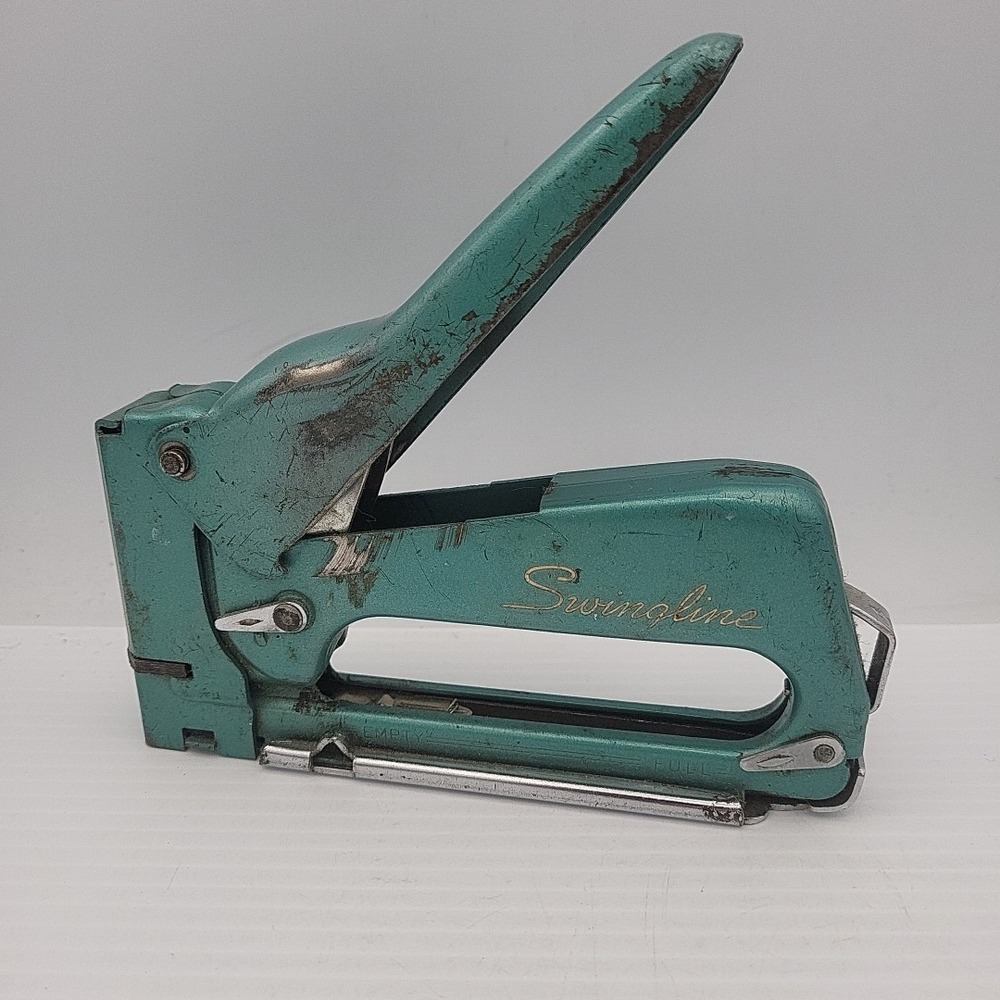 Vintage 1960's Swingline #101 Tacker Staple Gun Green Aqua Blue Hand Stapler